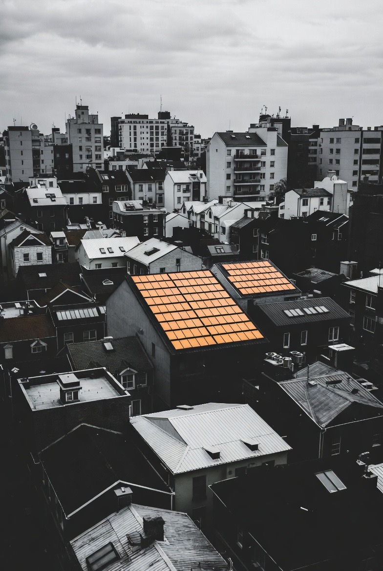 A sunlit home with rooftop solar panels